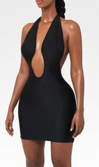 Black Deep V Halter Sleeveless Mini Dress