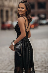 Black Lace Crisscross Maxi Dress