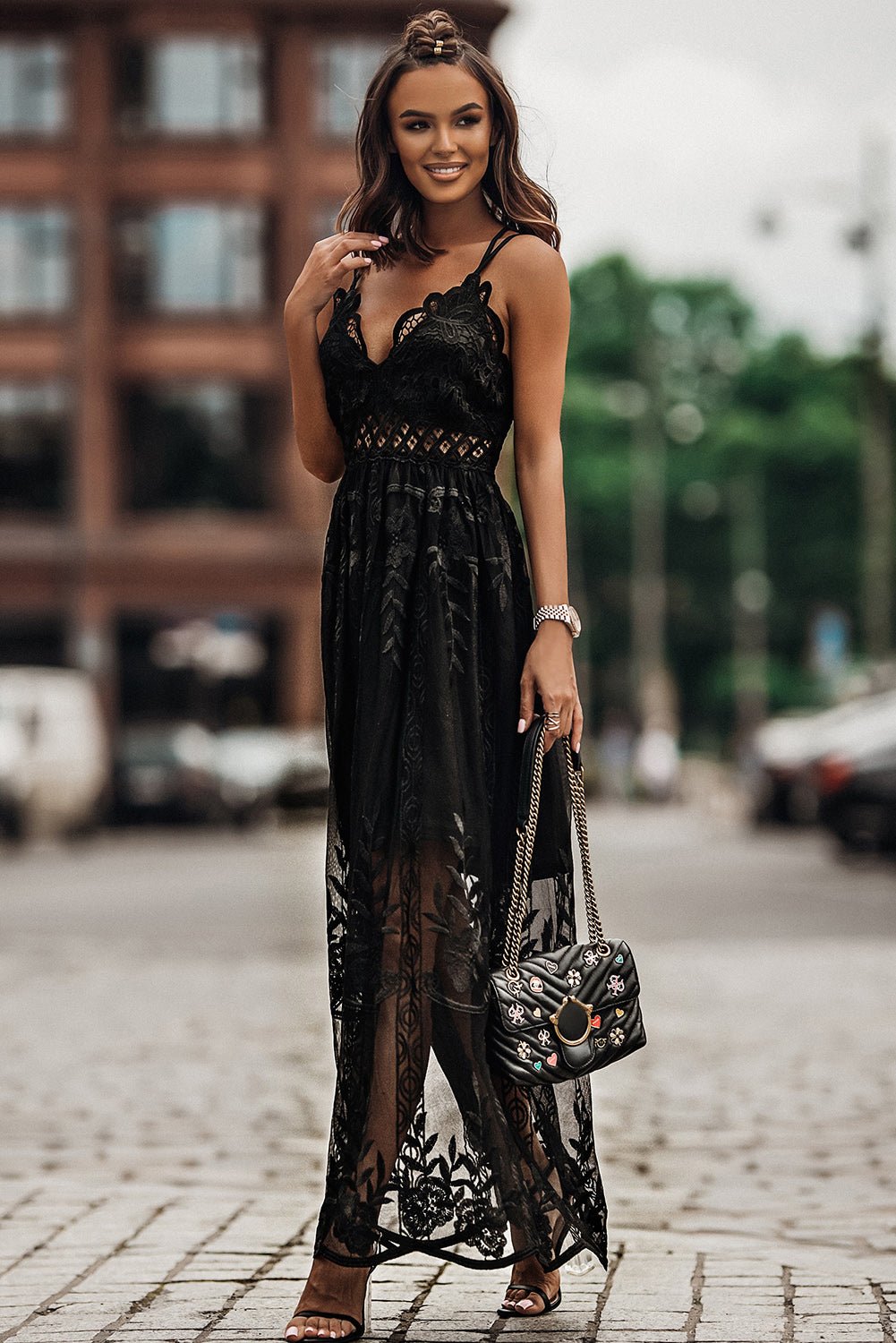 Black Lace Crisscross Maxi Dress