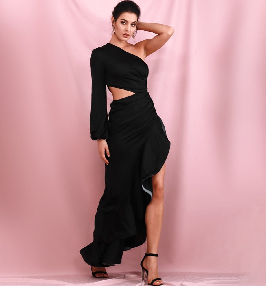 One Shoulder High Ruffled Slit Maxi Dress