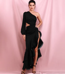 One Shoulder High Ruffled Slit Maxi Dress