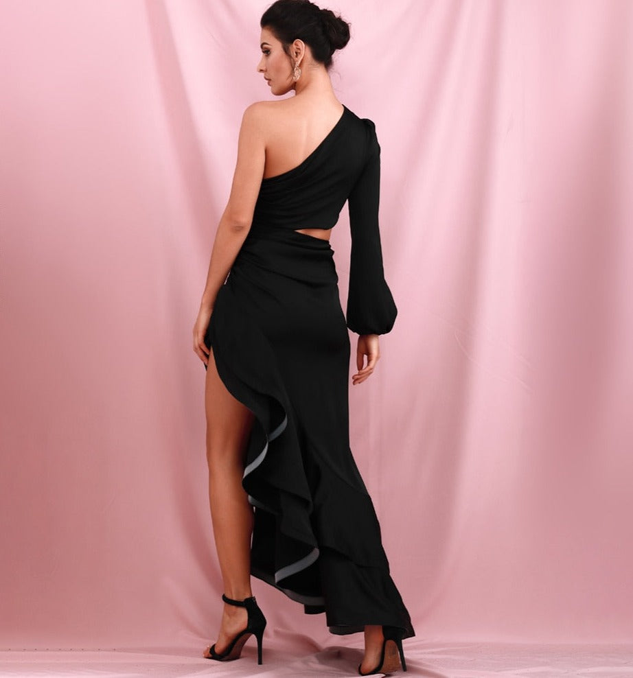 One Shoulder High Ruffled Slit Maxi Dress