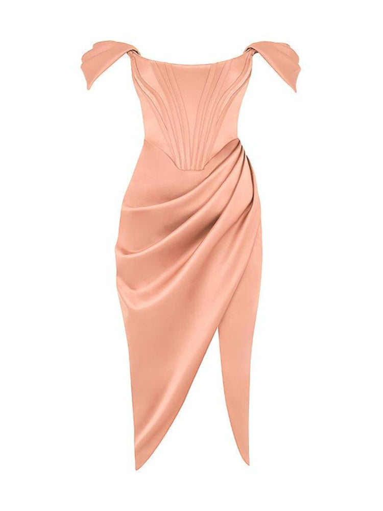 Satin Off Shoulder Side Slit Midi Formal Dress