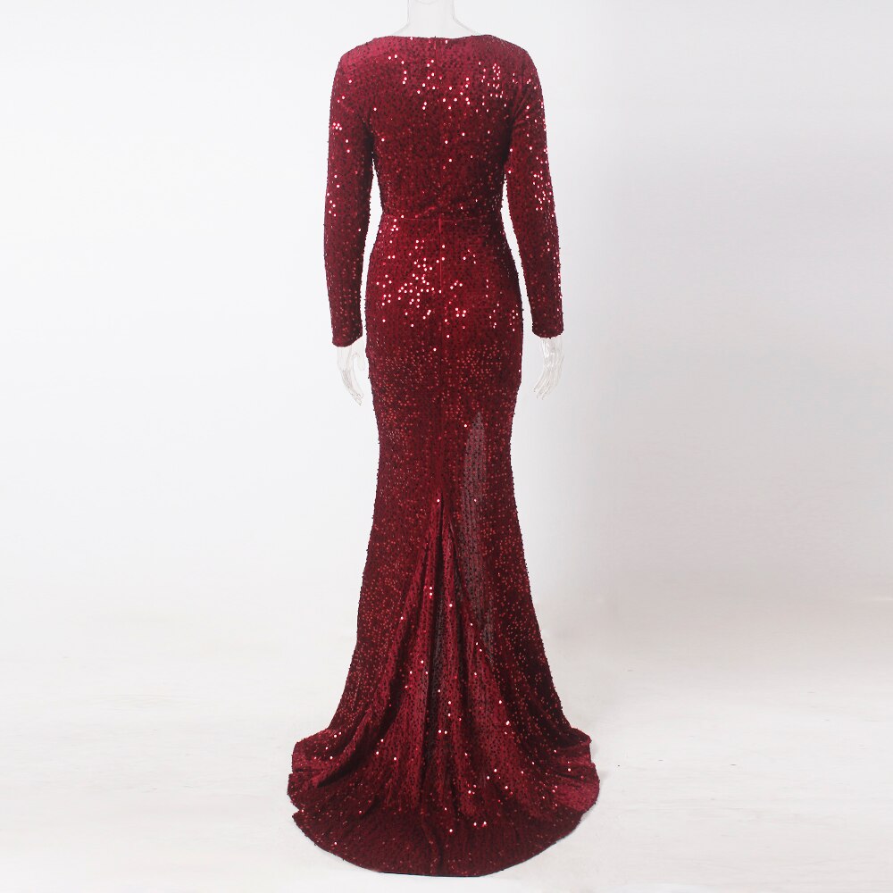 Burgundy Long Sleeve Sequin Floor-Length Dress