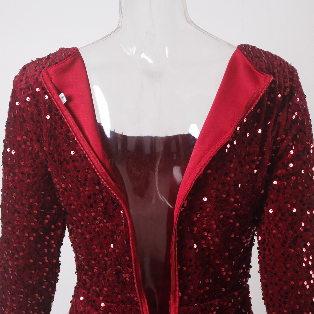 Burgundy Long Sleeve Sequin Floor-Length Dress