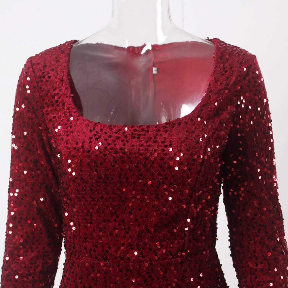 Burgundy Long Sleeve Sequin Floor-Length Dress