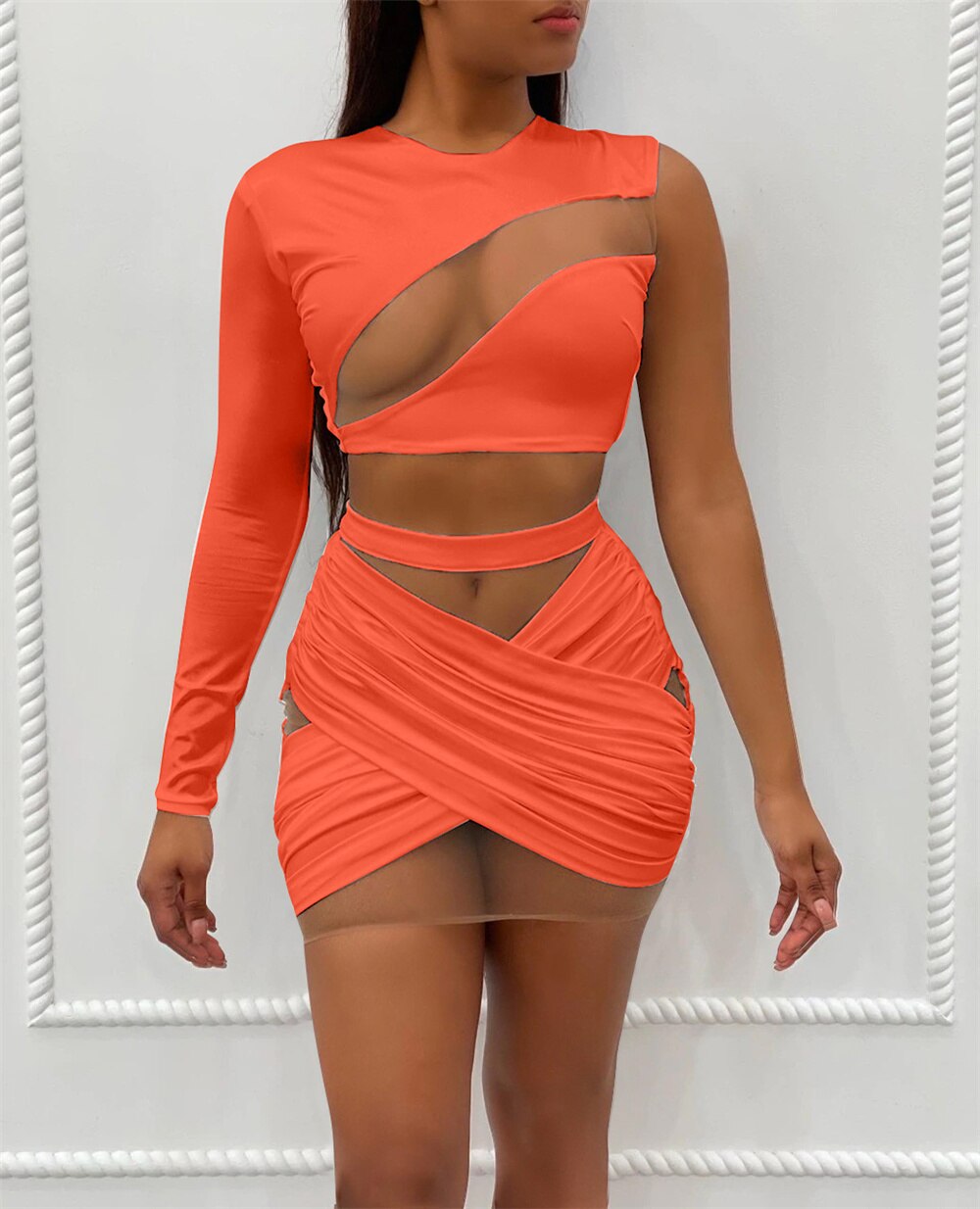 Mesh Hollow One Shoulder Crop & Bandage Mini Skirts