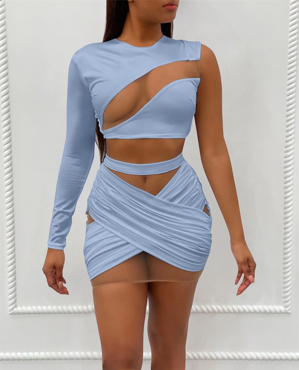 Mesh Hollow One Shoulder Crop & Bandage Mini Skirts