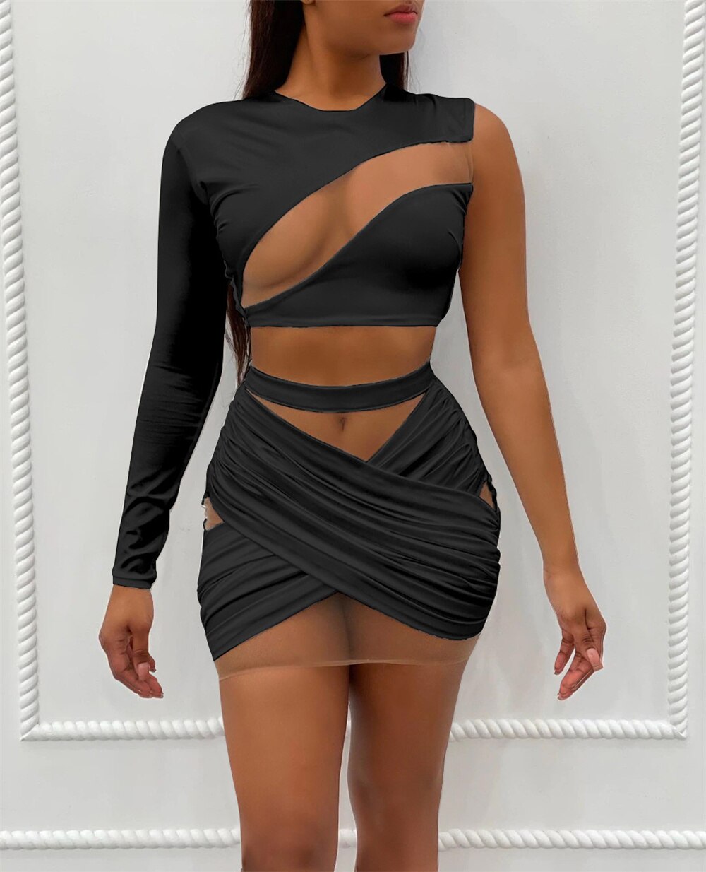 Mesh Hollow One Shoulder Crop & Bandage Mini Skirts