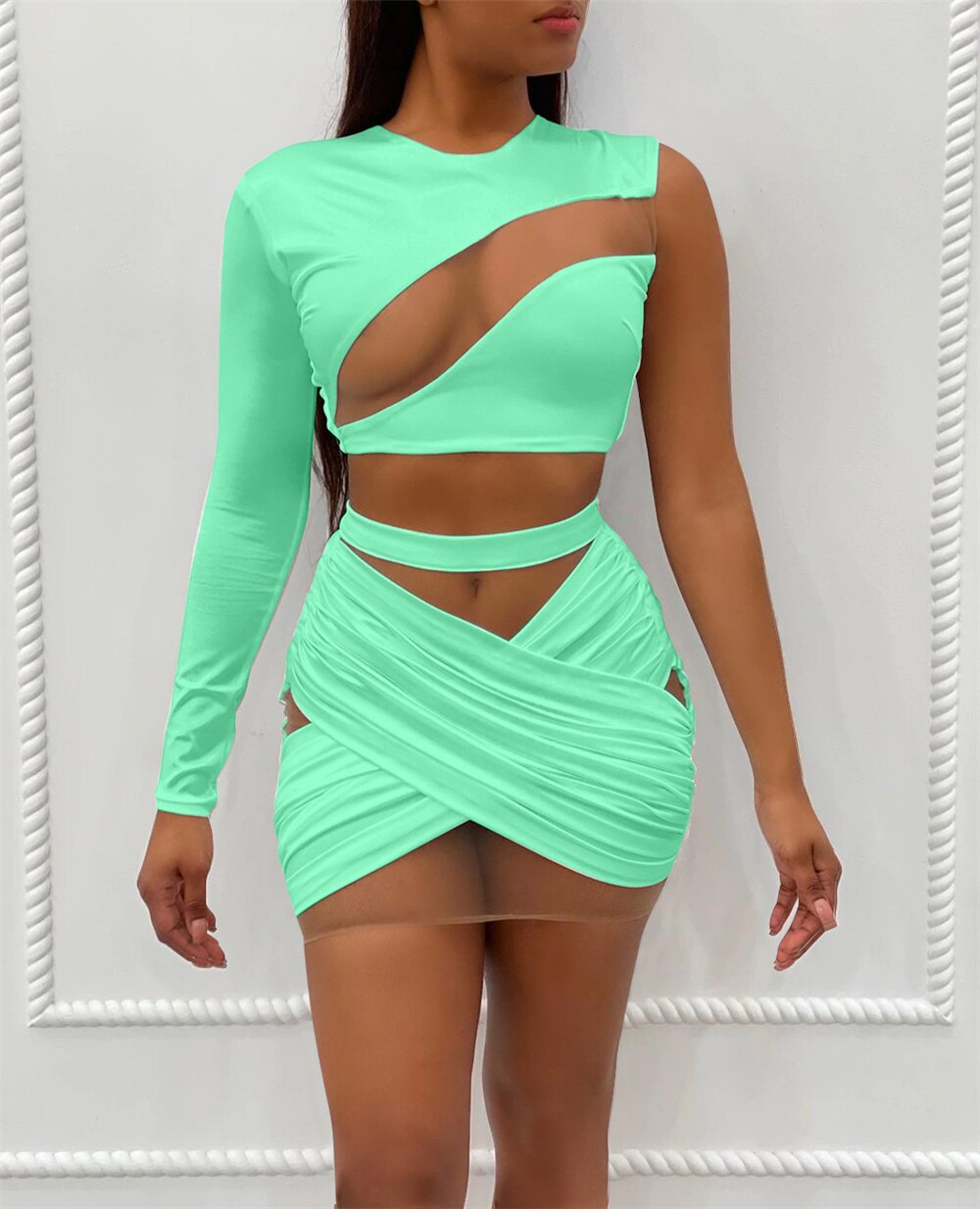 Mesh Hollow One Shoulder Crop & Bandage Mini Skirts