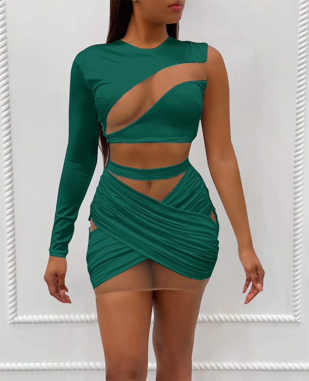 Mesh Hollow One Shoulder Crop & Bandage Mini Skirts