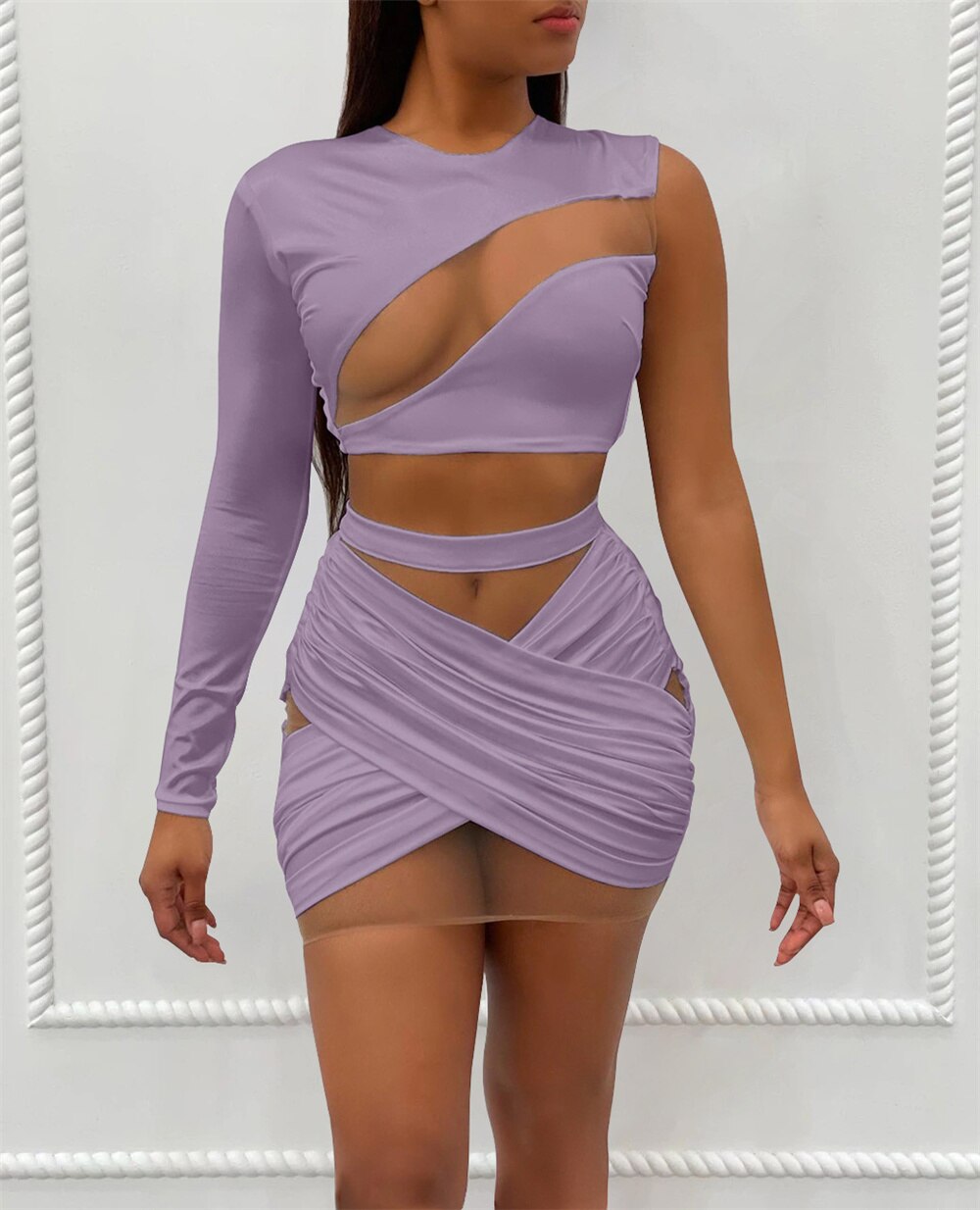 Mesh Hollow One Shoulder Crop & Bandage Mini Skirts