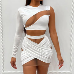 Mesh Hollow One Shoulder Crop & Bandage Mini Skirts