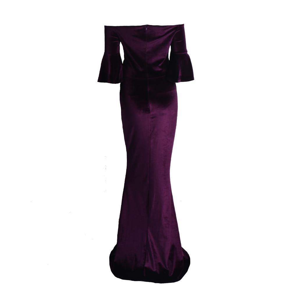 Off Shoulder Speaker Sleeve Velvet Bodycon Maxi Dress