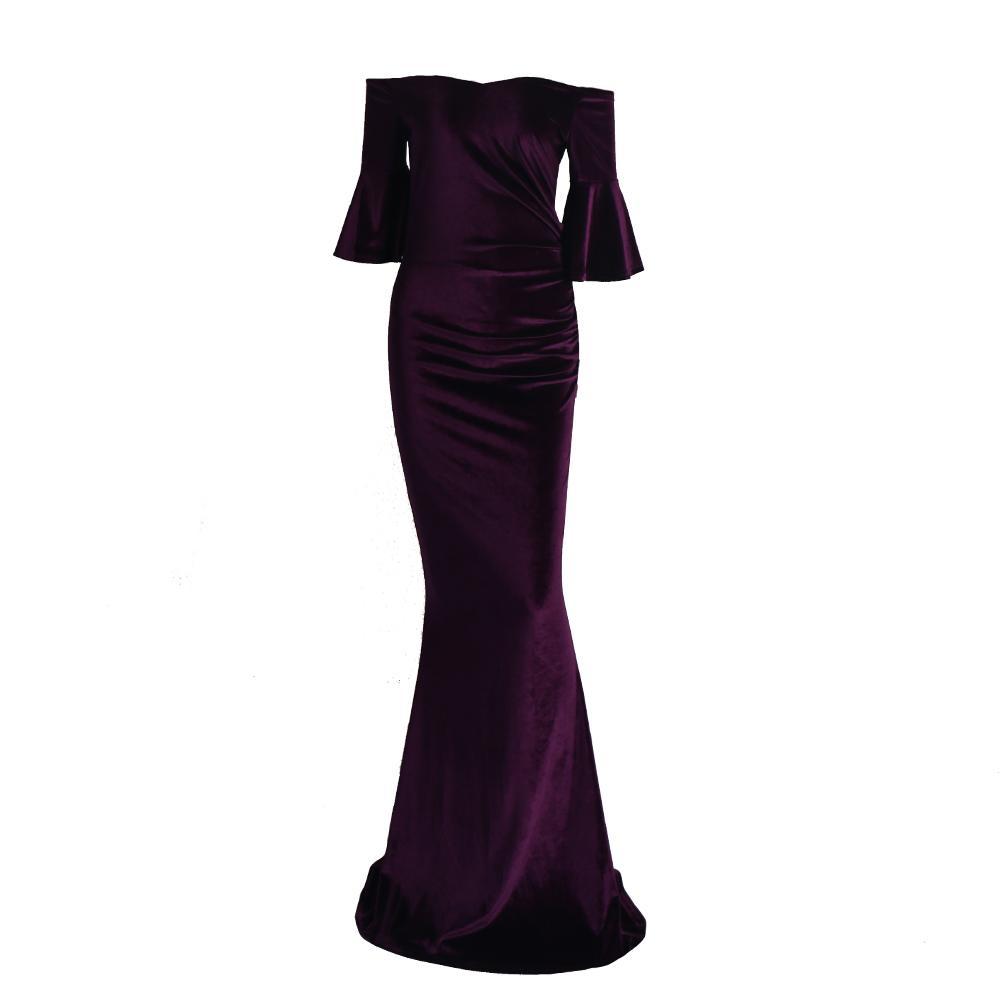 Off Shoulder Speaker Sleeve Velvet Bodycon Maxi Dress