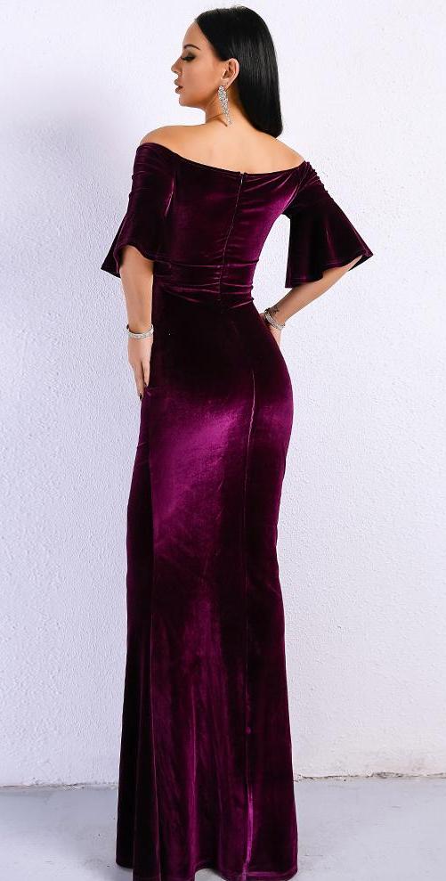 Off Shoulder Speaker Sleeve Velvet Bodycon Maxi Dress