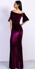 Off Shoulder Speaker Sleeve Velvet Bodycon Maxi Dress