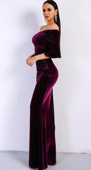 Off Shoulder Speaker Sleeve Velvet Bodycon Maxi Dress