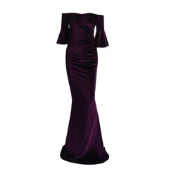 Off Shoulder Speaker Sleeve Velvet Bodycon Maxi Dress