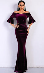 Off Shoulder Speaker Sleeve Velvet Bodycon Maxi Dress