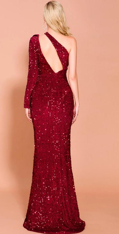 Irregular Neck One Shoulder Sequin High Split Maxi Dresses