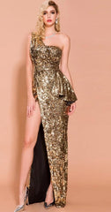 Gold Off Shoulder Backless High Split Sequin Maxi Dress