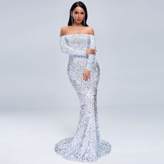 Off Shoulder Sequin Trumpet Maxi Dresses