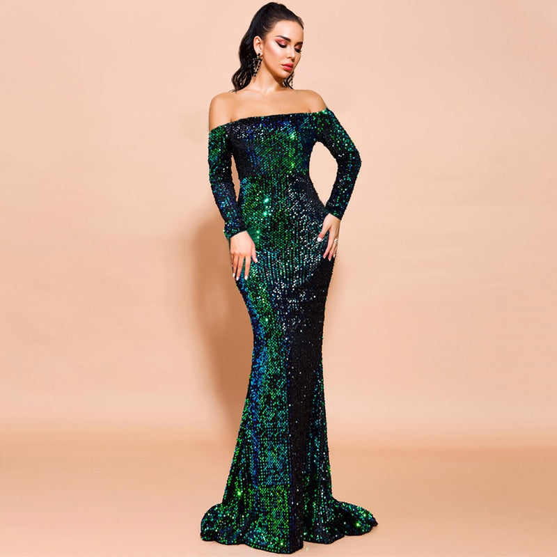 Off Shoulder Sequin Trumpet Maxi Dresses