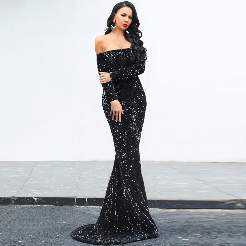 Off Shoulder Sequin Trumpet Maxi Dresses