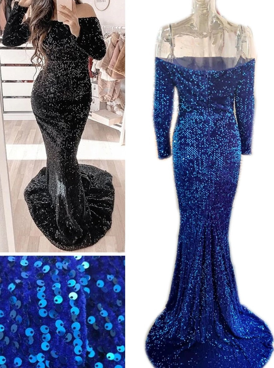 Off Shoulder Sequin Trumpet Maxi Dresses