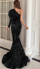 One Shoulder Puff Sleeve Sequin Maxi Dresses