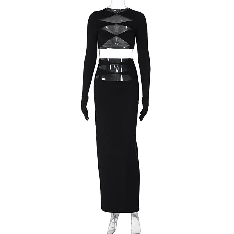 Black Hollow Out Top & Long Skirt With Gloves