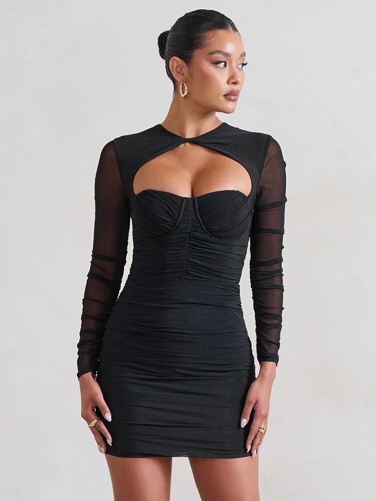 Two Layer Mesh Long Sleeve Ruched Mini Dresses