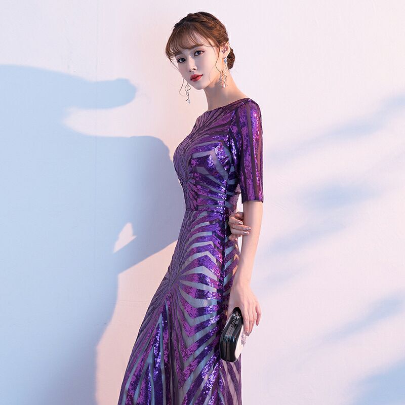 Purple Sequin Half Sleeves Maxi Dress