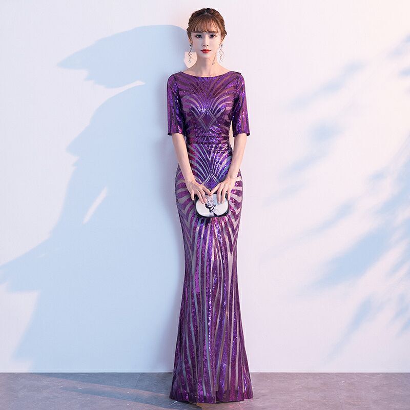 Purple Sequin Half Sleeves Maxi Dress