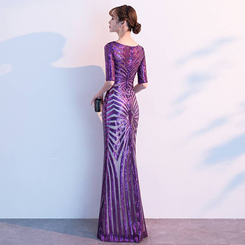 Purple Sequin Half Sleeves Maxi Dress