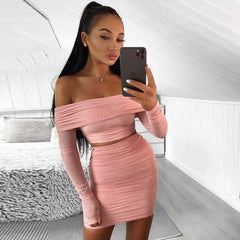 Mesh Off Shoulder Crop Top And Mini Dresses Sets