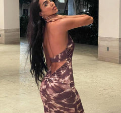 Tie Print Sling Halter Backless Sleeveless Maxi Dresses