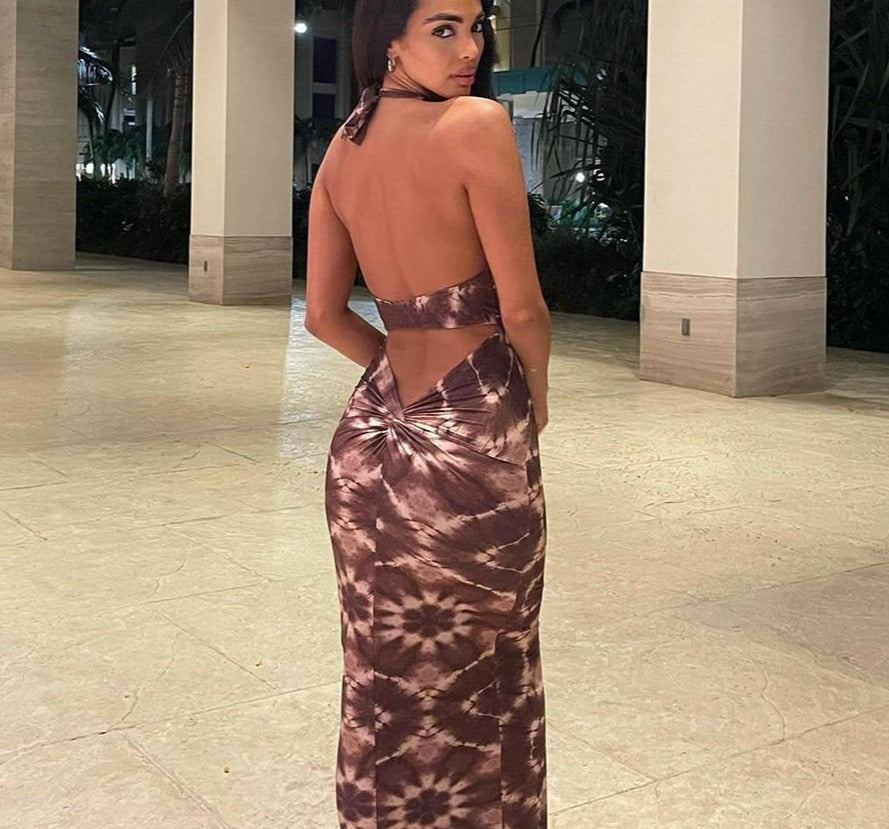 Tie Print Sling Halter Backless Sleeveless Maxi Dresses