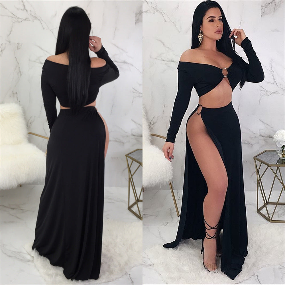 Off Shoulder Crop with High Side Slit Skirt Set