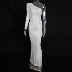 One Shoulder Silver Sequin One Sleeve Split Back Maxi Dress