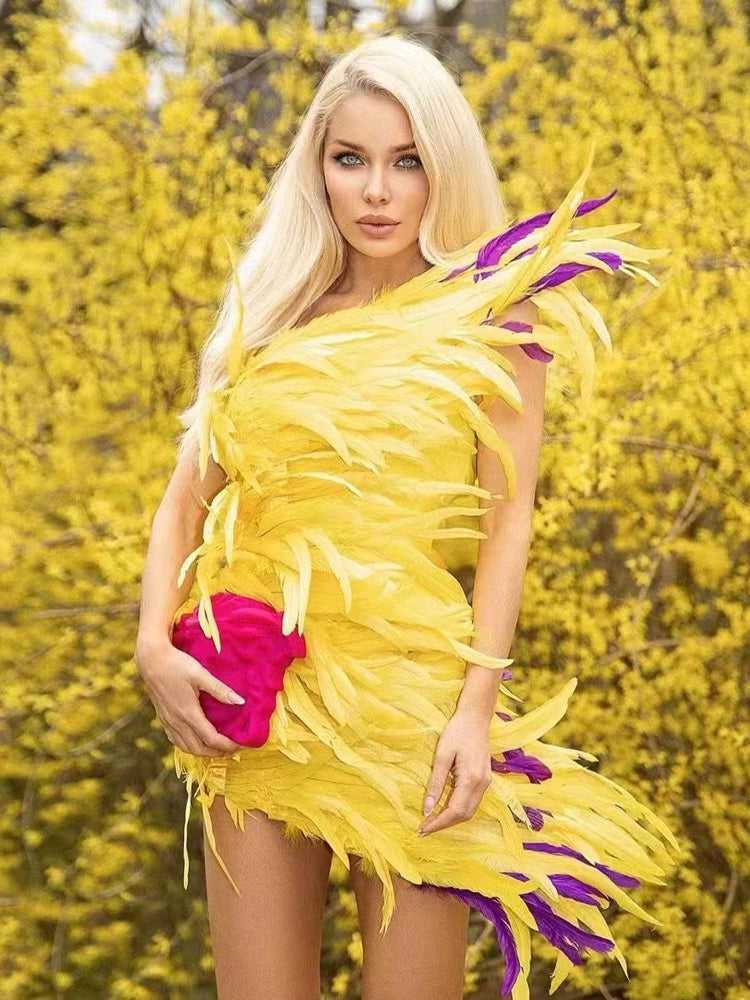 Yellow Feather Mini Dress