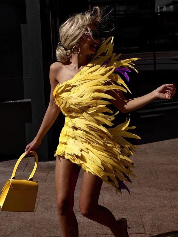 Yellow Feather Mini Dress