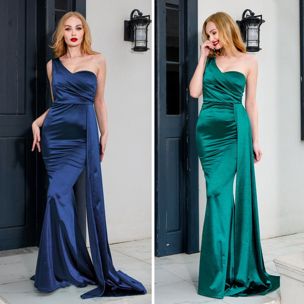 One Shoulder Satin Draped Maxi Dresses