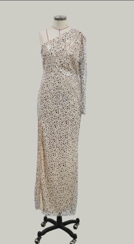 One Shoulder Leopard Bronzing Sequin Maxi Dress