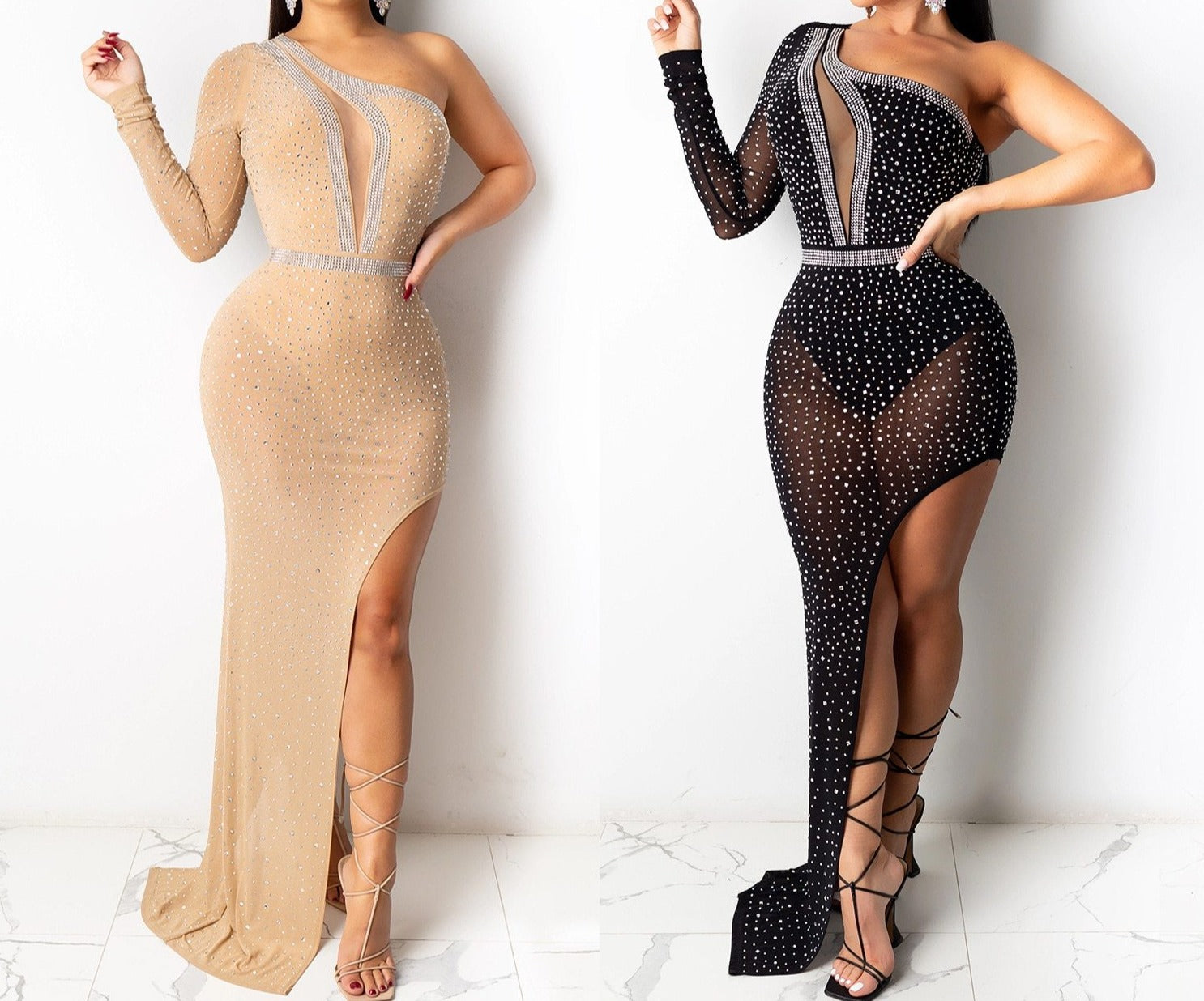 One Shoulder Mesh One Leg High Split Dresses