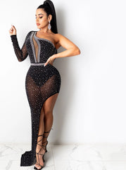 One Shoulder Mesh One Leg High Split Dresses