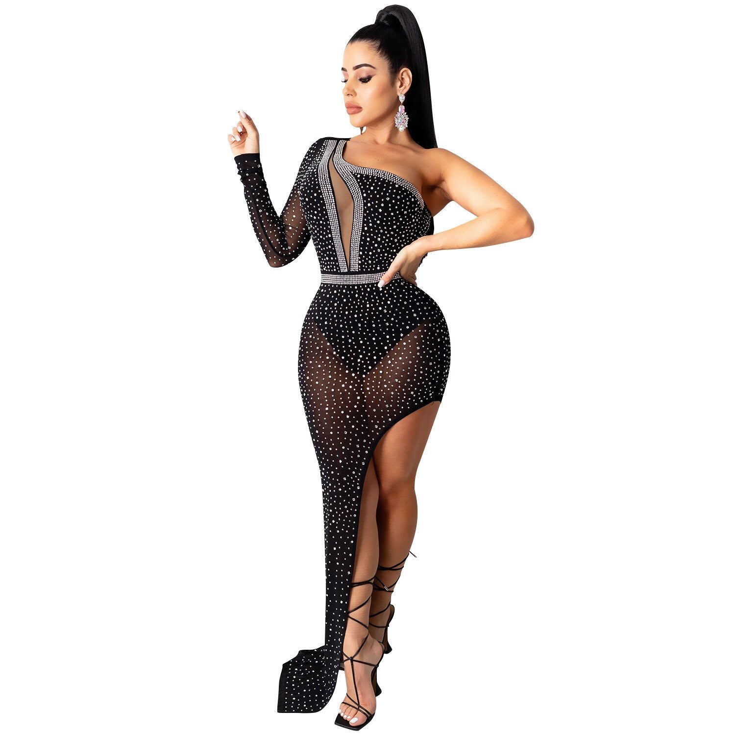 One Shoulder Mesh One Leg High Split Dresses