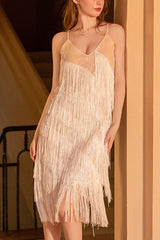 1920s Gatsby V Neck Sequined Layered Fringe Flapper Midi Dress - Champagne