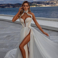 White Chiffon High Neck High Slit Maxi Dress